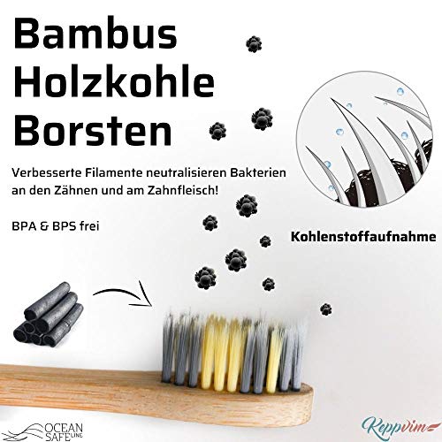 4 cepillos de dientes de bambú para niños - cerdas de carbón ultra suaves, mango de madera biodegradable y libre de plástico, vegano, ecológico, sin BPA ni BPS, cerdas densas y finas, cuatro colores