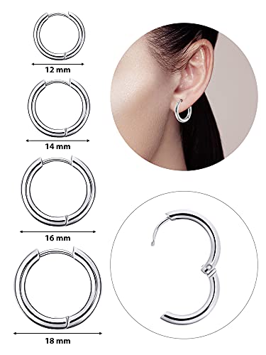 4 Pares Pendientes de Aro de Acero Inoxidable Anillos de Labios Nariz Pendientes de Aro Pequeños de Cartílago para Hombre y Mujer (8 mm, 10 mm, 12 mm, 14 mm, Color de Acero)