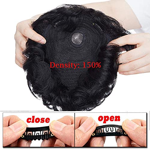 4"(10cm) Silk-co Prótesis Capilar Mujer y Hombre Pelo Natural Clip Toupee Rizado 35g 100% Cabello Humano Remy Hair Fina Mono Extensiones de Topper Encaje 16cm*19cm 150% Densidad #1 Negro Intenso