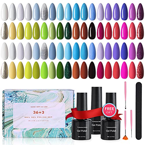 43 pcs Esmaltes Semipermanentes, 36 Colores Uñas en Gel UV LED, Kit de Esmaltes de Uñas Duradero con Base, Capa Superior Brillante y Mate, 3 Cepillos, Limas de Uñas, Juego de Gel de Uñas