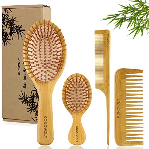 4PCS Cepillo de Pelo, cepillo madera,peine desenredante de masaje con peine de dientes anchos para cabello fino rizado, cepillo antitirones juego de peines adecuado para mujeres hombres niños