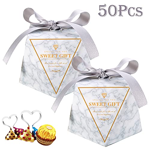 50 Piezas Cajas de Regalo Boda, Boda de Caja Dulces, Cajas Regalo Pequeñas, Cajas Regalos con Cintas, para Boda, Regalos de Invitados, Ideal para Caramelos, Bombones, etc. (Plata)