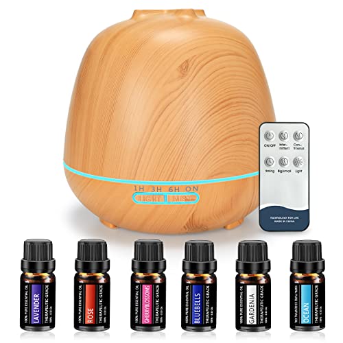 550ml Humidificador Ultrasónico Difusor , Difusor de Aromaterapia con Juego de Regalo 6 x 10 ml de Aceites Esenciales, Hogar Humidificador con Temporizador, Apagado Automático, 7 Colores de luz LED