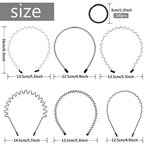 6 piezas Diademas de Metal unisex Aro para el Pelo Negro primavera Diadema Ondulada Multi estilo Cabello aro para hombres mujeres con banda de goma