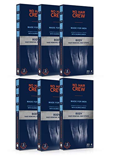 6 x NO HAIR CREW Bandas de Cera Depilatorias Masculinas Premium – Hechas Para Hombres, 20 Tiras Y 4 Toallitas Calmantes (paquete de 6 x 20)