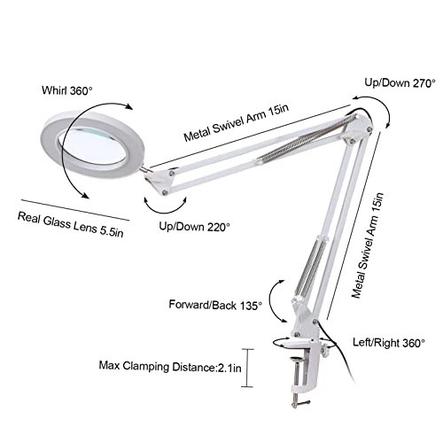 8X Lámpara de Lupas, LED Lámparas de Escritorio Lupa con Abrazadera Ajustable, Tres modos de color,10 Levels adjustable brightness,Brazo giratorio plegable,Luz de lectura para protección ocular