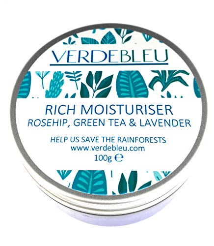 99% Natural CREMA FACIAL HIDRATANTE - ROSA MOSQUETA, TÉ VERDE & LAVANDA - 100g de VERDEBLEU Delicado pH 5,5 para Pieles Sensibles. Donamos el 5% de Ganancias para Ayudar a Salvar los Bosques Lluviosos