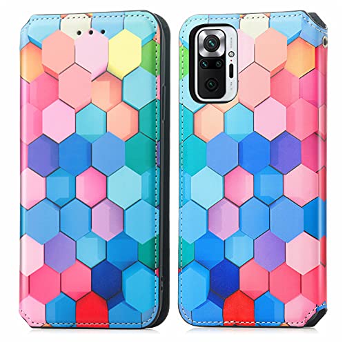 Abuenora Funda para Xiaomi Redmi Note 10 Pro 6.67" + Protector de Pantalla Cristal Templado, Carcasa Libro con Tapa Flip Case Antigolpes Cuero Polipiel Dibujo Cuadrícula Arco Iris