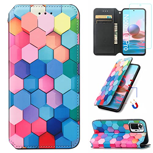 Abuenora Funda para Xiaomi Redmi Note 10 Pro 6.67" + Protector de Pantalla Cristal Templado, Carcasa Libro con Tapa Flip Case Antigolpes Cuero Polipiel Dibujo Cuadrícula Arco Iris