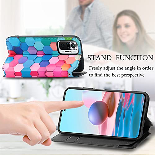 Abuenora Funda para Xiaomi Redmi Note 10 Pro 6.67" + Protector de Pantalla Cristal Templado, Carcasa Libro con Tapa Flip Case Antigolpes Cuero Polipiel Dibujo Cuadrícula Arco Iris