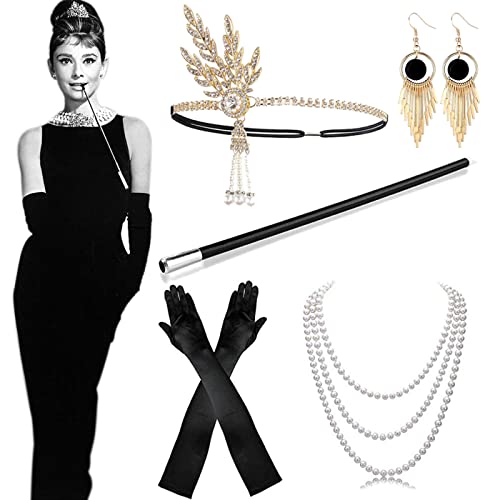 Accesorios de los años 20 Disfraz Mujer Flapper Set, Accesorios de los años 20 Mujer Disfraz de Halloween Vestido Gran disfraz de Gatsby retro Accesorios para Halloween Navidad Fiesta de año nuevo