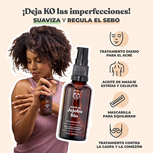 ACEITE DE JOJOBA ORGÁNICO | 100% Puro, Natural y Prensado en Frío | Rostro, Cuerpo, Cabello, Barba, Uñas | Vegano y Cruelty Free | Jojoba Oil | Botella de Vidrio + Pipeta + Bomba (50ml)