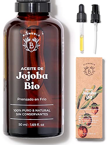 ACEITE DE JOJOBA ORGÁNICO | 100% Puro, Natural y Prensado en Frío | Rostro, Cuerpo, Cabello, Barba, Uñas | Vegano y Cruelty Free | Jojoba Oil | Botella de Vidrio + Pipeta + Bomba (50ml)