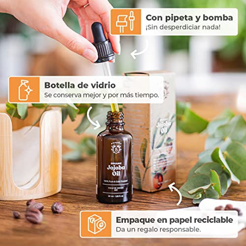 ACEITE DE JOJOBA ORGÁNICO | 100% Puro, Natural y Prensado en Frío | Rostro, Cuerpo, Cabello, Barba, Uñas | Vegano y Cruelty Free | Jojoba Oil | Botella de Vidrio + Pipeta + Bomba (50ml)