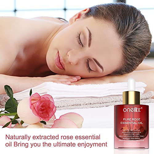 Aceite de Rosa Esencial , Aceite Rosa Facial Cuerpo Cabello, Serum Facial de Rosa con Vitamina Colágeno Ácido Hialurónico Aloe Barbadensis Jojoba, Crema Hidratante Facial Mujer - Piel Suave Pelo 30ML