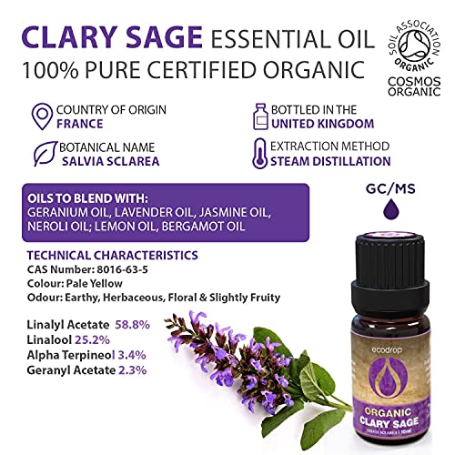 Aceite esencial puro de Salvia sclarea con el certificado ecológico COSMOS, grado terapéutico para aromaterapia, con libro electrónico de regalo, 10 ml