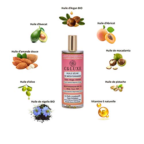 Aceite mediterráneo seco, CUERPO CARA CORPORAL, argán orgánico, aguacate, nutre hidrata, regenera y protege su piel, sin silicona, 99.5% natural, spray 100 ml.