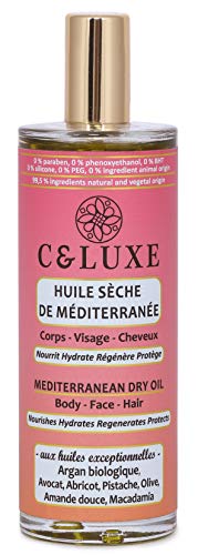 Aceite mediterráneo seco, CUERPO CARA CORPORAL, argán orgánico, aguacate, nutre hidrata, regenera y protege su piel, sin silicona, 99.5% natural, spray 100 ml.