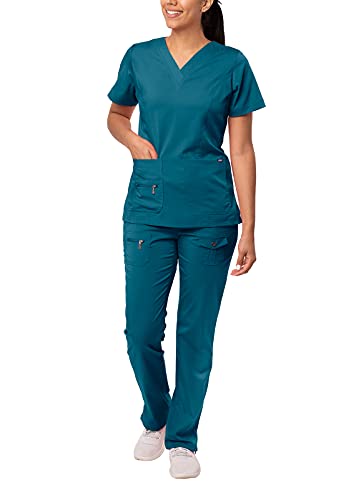 Adar Uniforme médico de Mujer Top Cuello en V Pantalones de Bolsillos múltiples - 4400 - Caribbean Blue - S