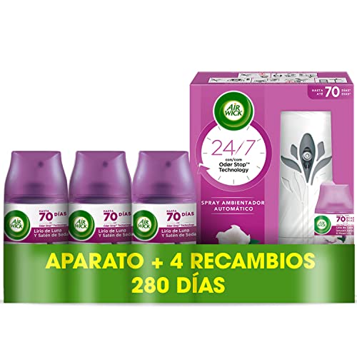 Air Wick Freshmatic - Aparato y Recambios de ambientador Spray automático, Esencia para casa con Aroma a Lirio de Luna y Satén de Seda, 1 Aparato y 4 recambios