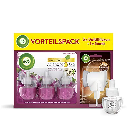 Air Wick Pack ahorro de aceites aromáticos – Juego de 3 recambios – Ambientador floral con aceites esenciales – Fragancia: seda y lirios – Juego de 3 aceites aromáticos de 19 ml