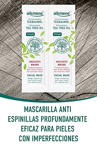 alkmene Mascarilla facial anti espinillas con aceite del árbol del té - Mascarillas faciales para pieles con impurezas - vegana sin siliconas ni parabenos 2x 6 ml