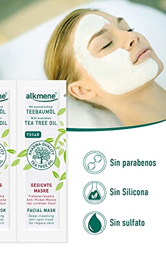 alkmene Mascarilla facial anti espinillas con aceite del árbol del té - Mascarillas faciales para pieles con impurezas - vegana sin siliconas ni parabenos 2x 6 ml