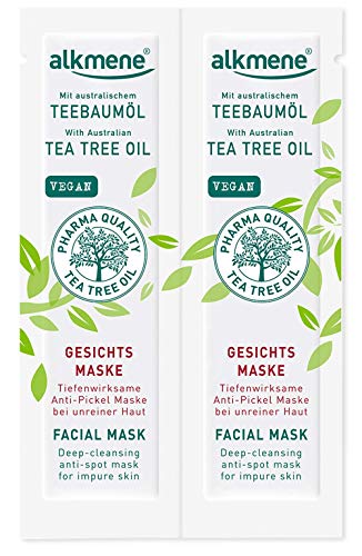 alkmene Mascarilla facial anti espinillas con aceite del árbol del té - Mascarillas faciales para pieles con impurezas - vegana sin siliconas ni parabenos 2x 6 ml