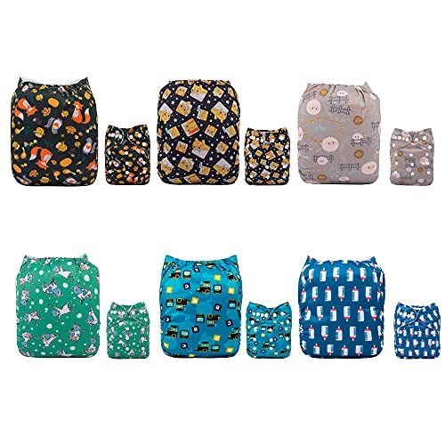 ALVABABY Pack 6pcs Pañales de tela ajustables y lavables de bolsillo + 12 insertos 6DM17-ES