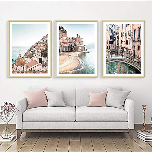 Amalfi Coast Seaside Waves Poster Amalfi Seaside Scenery Canvas Pintura Estilo nórdico Edificio de la casa Arte de la Pared Sala de Estar Decoracion del hogar 40x60cmx3 Sin Marco