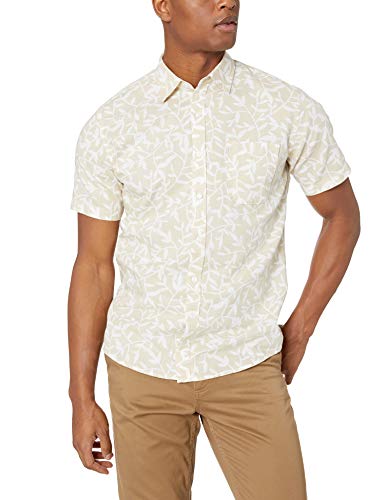 Amazon Essentials - Camisa a cuadros de lino con manga corta para hombre., Natural Leaf Print, US M (EU M)