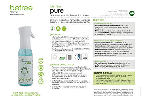 Ambientador ecológico Biodegradable, sin propelentes ni tóxicos. Desodorizante de olores, bloquea y neutraliza. Elimina olores en Spray 500ml Aroma a Limpio. Befree Pure.