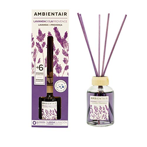 Ambientair. Difusor de Varillas perfumadas. Ambientador Mikado de Lavanda, difusor con palitos de ratán. El Mejor ambientador sin Alcohol para casa. Ambientador para la Cocina y baño.