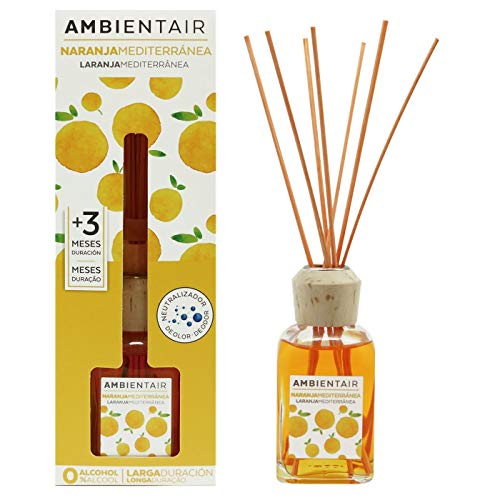 Ambientair. Difusor de Varillas perfumadas. Ambientador Mikado de Naranja Mediterránea, difusor con palitos de ratán. El Mejor ambientador sin Alcohol para casa. Ambientador para la Cocina y baño.