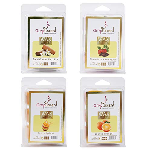 Ampliscent Juego de 4 cubos de cera aromática (70,9 g) surtidos para calentar ceras – naranja cítrico, sándalo, vainilla, chocolate, manzana roja y salpicaduras de frutas