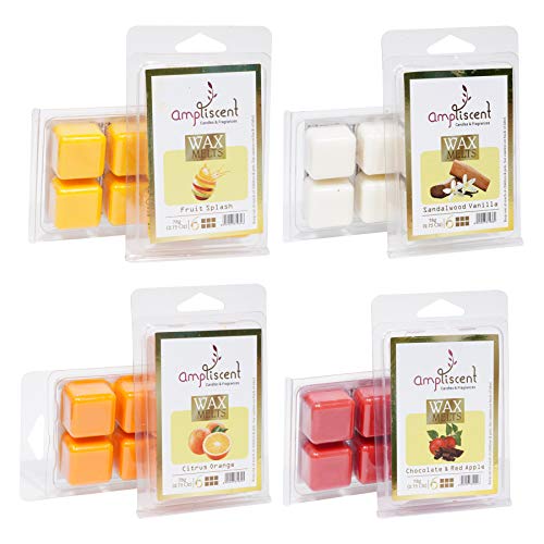 Ampliscent Juego de 4 cubos de cera aromática (70,9 g) surtidos para calentar ceras – naranja cítrico, sándalo, vainilla, chocolate, manzana roja y salpicaduras de frutas