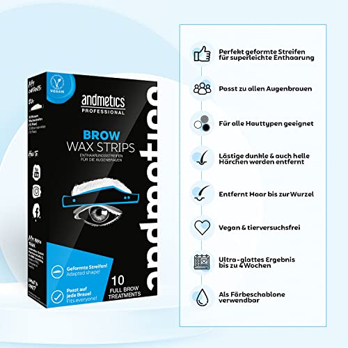 andmetics Tiras de cera para cejas para hombres paquete a granel de 10 aplicaciones completas: tiras depilatorias con cera fría para cejas patentada, forma perfecta para modelar, depilar, colorear