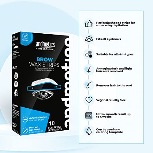 andmetics Tiras de cera para cejas para hombres paquete a granel de 10 aplicaciones completas: tiras depilatorias con cera fría para cejas patentada, forma perfecta para modelar, depilar, colorear