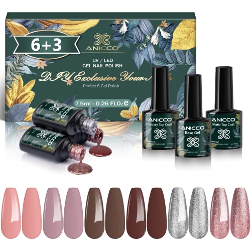 Anicco Esmaltes Semipermanentes de Uñas en Gel UV LED, Kit de Pintauñas Permanente 6 Colores Purpurina Rosa Desnudo Colección con Base, Capa Superior Brillante y Mate, Esmaltes de Uñas Brillo Glitter