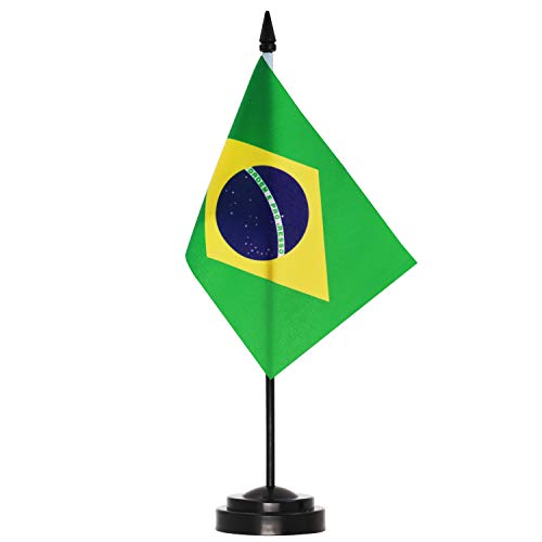 ANLEY Brasil - Juego de banderas de escritorio de lujo。 6 x 4 pulgadas。 bandera brasileña de escritorio en miniatura con poste sólido de 12 "。 colores vivos y resistente a la decoloración