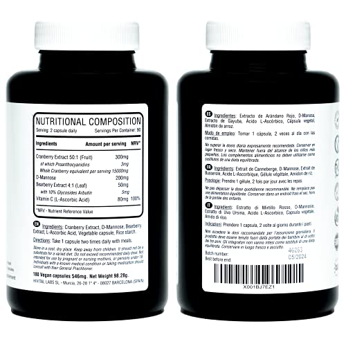 Arándano Rojo Americano 15000 mg. 180 cápsulas veganas para 3 meses. Con D-Manosa, Gayuba y Vitamina C. Cranberry 100% Natural para prevenir las patologías urinarias y la Cistitis