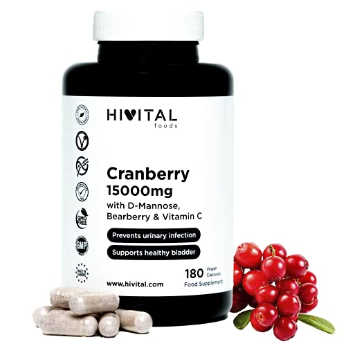 Arándano Rojo Americano 15000 mg. 180 cápsulas veganas para 3 meses. Con D-Manosa, Gayuba y Vitamina C. Cranberry 100% Natural para prevenir las patologías urinarias y la Cistitis