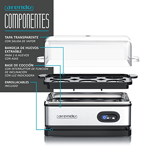 Arendo - Cuecehuevos Sixcook de Acero Inoxidable con función de Mantenimiento de Calor - Egg Cooker - Capacidad 1-6 Huevos - Interruptor de función con piloto - 400 W - Negro Plata