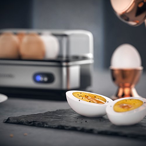 Arendo - Cuecehuevos Sixcook de Acero Inoxidable con función de Mantenimiento de Calor - Egg Cooker - Capacidad 1-6 Huevos - Interruptor de función con piloto - 400 W - Negro Plata