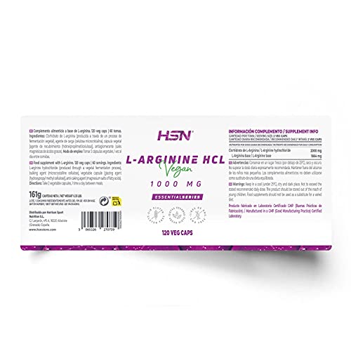 Arginina 1000mg de HSN | L-Arginina HCl de Alta Biodisponibilidad | Óxido Nítrico + Mejora el Rendimiento Deportivo | No-GMO, Vegano, Sin Gluten, Sin Lactosa | 120 Cápsulas Vegetales