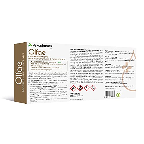 Arkopharma Olfae, Kit Entrenamiento para la recuperación del gusto y el olfato, Avalado por Otorrinos, Pérdida gusto y olfato, 4 Aceites Esenciales 10Ml 100% Puros y BIO