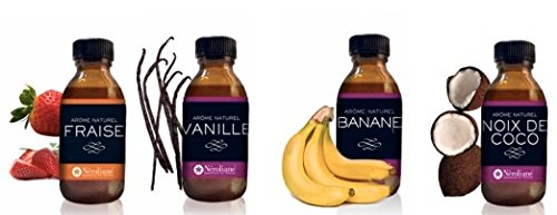 Aromas alimentarios naturales de fresa,vanilla,platano y coco - 4 flascos de 50 ml