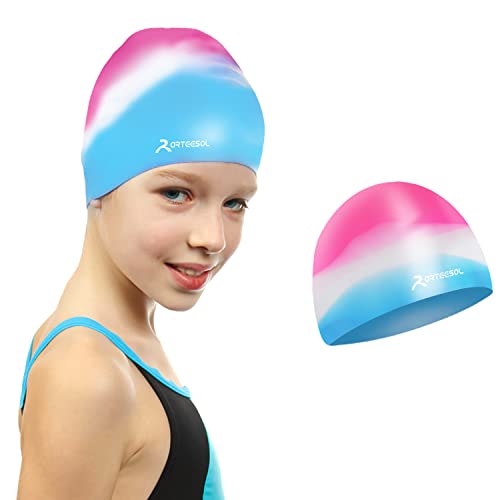 arteesol Gorro de Natación para Niños Niñas de 5 a 12 Años - Gorros de Baño Silicona Elástico Gorro de Piscina Impermeable de Color de Raya Degradado para Cabello Largo y Corto