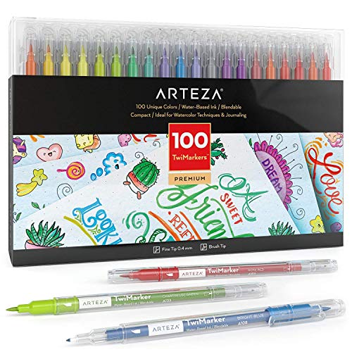 Arteza TwiMarker Rotuladores lettering de doble punta | Set de 100 colores | Rotuladores punta pincel y punta fina de 0,4 mm