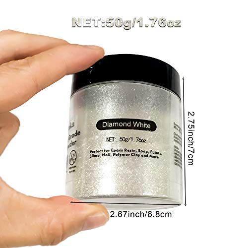 Aslanka Diamante Blanco Pigmentos para Resina Epoxi,Mica en Polvo Perlado para Hacer hacer slime, Jabón, Sombra de Ojos Cosmética, Bomba de Baño, Esmalte de Uñas- 50 g